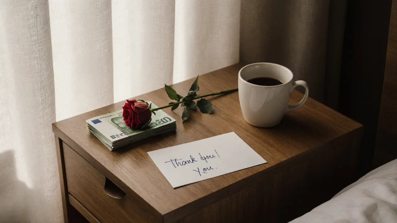 A handwritten thank-you note and a rose rest on a nightstand, symbolizing respect and appreciation after a meaningful encounter.