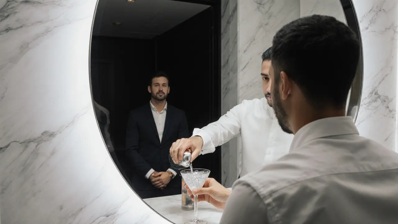 A hidden bar revealed behind a bathroom mirror in a luxury high-rise, with marble surfaces and soft lighting reflecting off a silver-dusted cocktail.