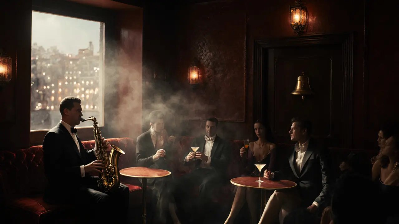 A hidden jazz bar with velvet booths and a saxophonist under moody lighting.