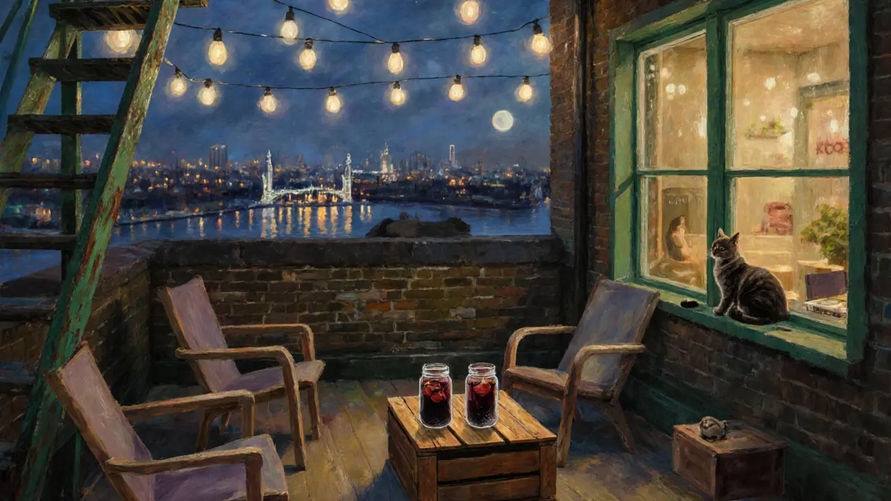 A hidden rooftop with mismatched chairs, string lights, and a DJ spinning records, overlooking London&#039;s skyline.