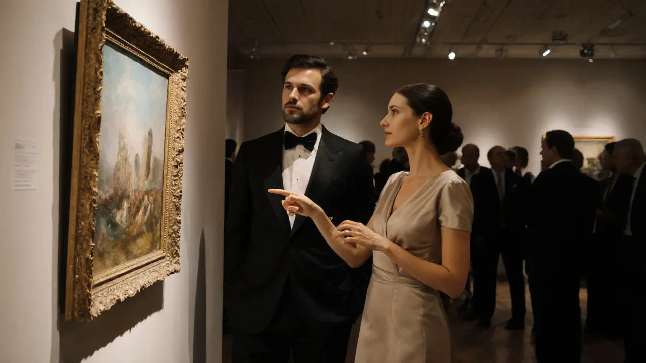 A man and woman at a private art auction in Dubai, engaged in thoughtful conversation beside a displayed painting.