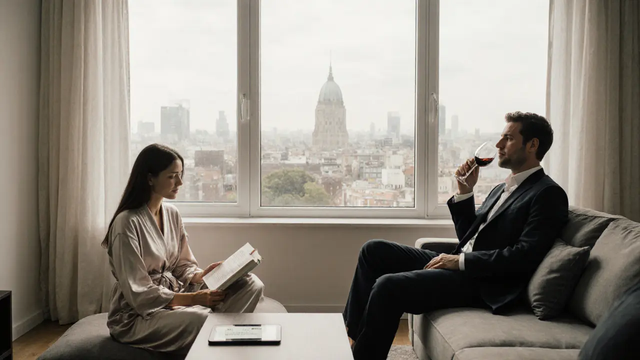 A man and woman in a modern Berlin apartment, one reading, the other gazing at the city skyline, serene and thoughtful atmosphere.