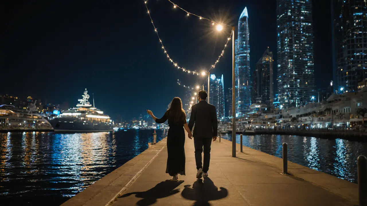 A man and woman walking peacefully along Dubai Marina at night, city lights reflecting on the water.