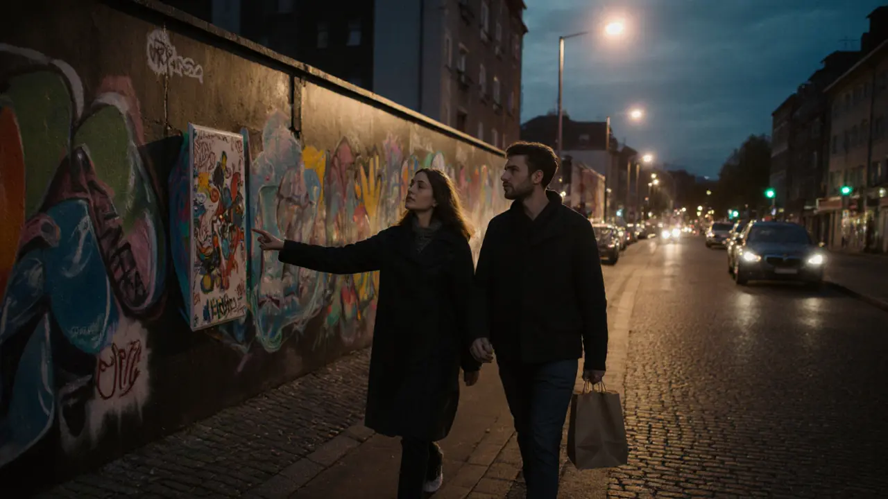 A man and woman walking together along the East Side Gallery in Berlin at dusk, admiring street art in casual attire.