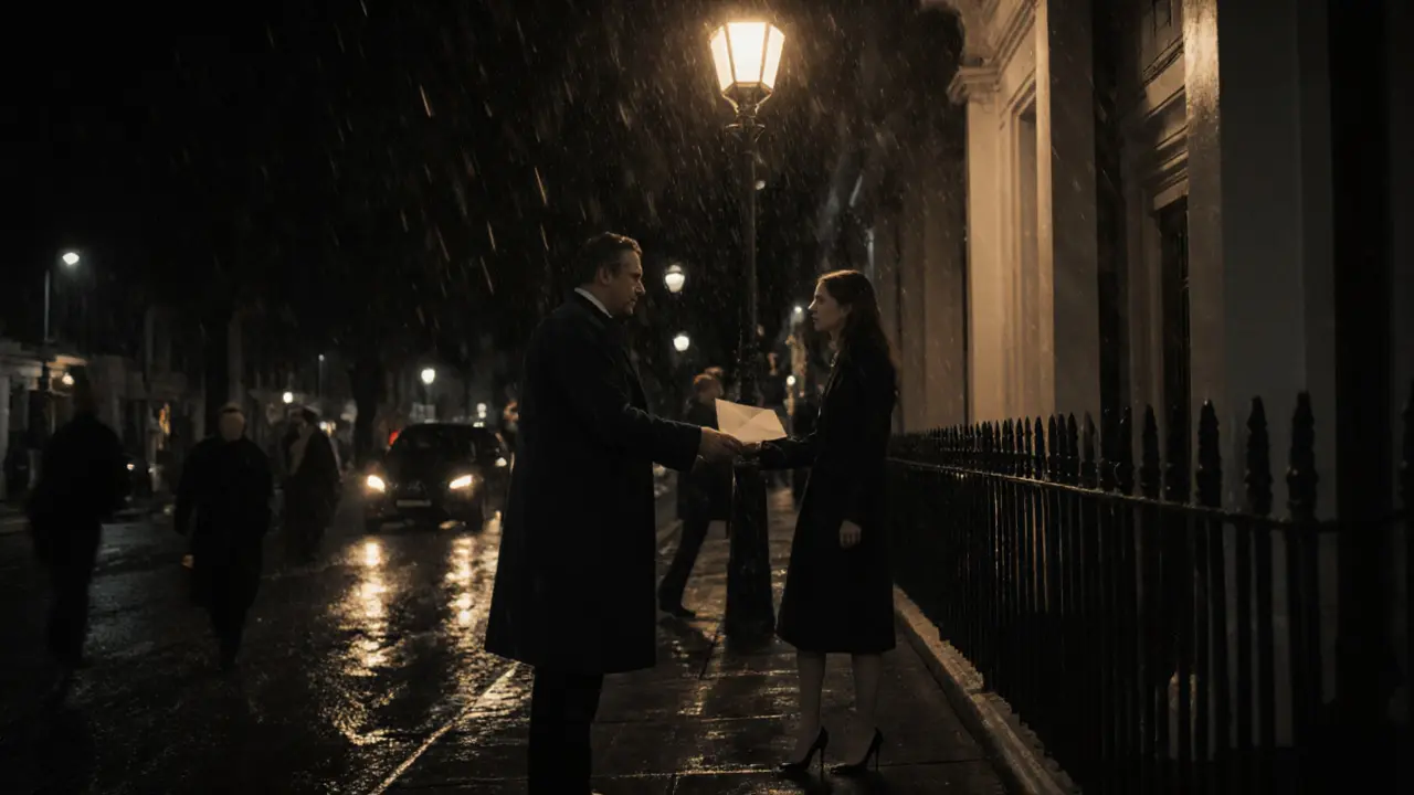 A man handing payment to a woman under a London streetlamp at night, a moment of quiet dignity and respect.