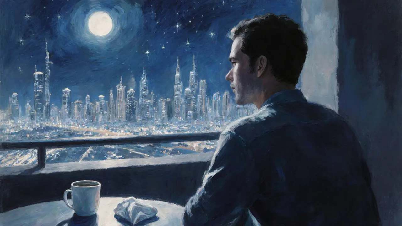 A man sitting alone on a balcony at night, remembering a meaningful conversation under the Dubai skyline.