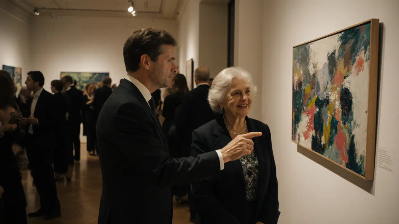 A professional companion and client admiring art together at a London gallery opening.