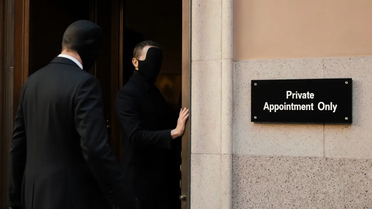 A professional escort greets a client discreetly in a modern Milan apartment lobby at dusk.