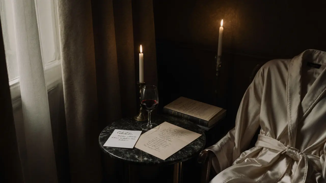 A quiet hotel room in Saint-Germain with a glass of wine and an open book on the table.