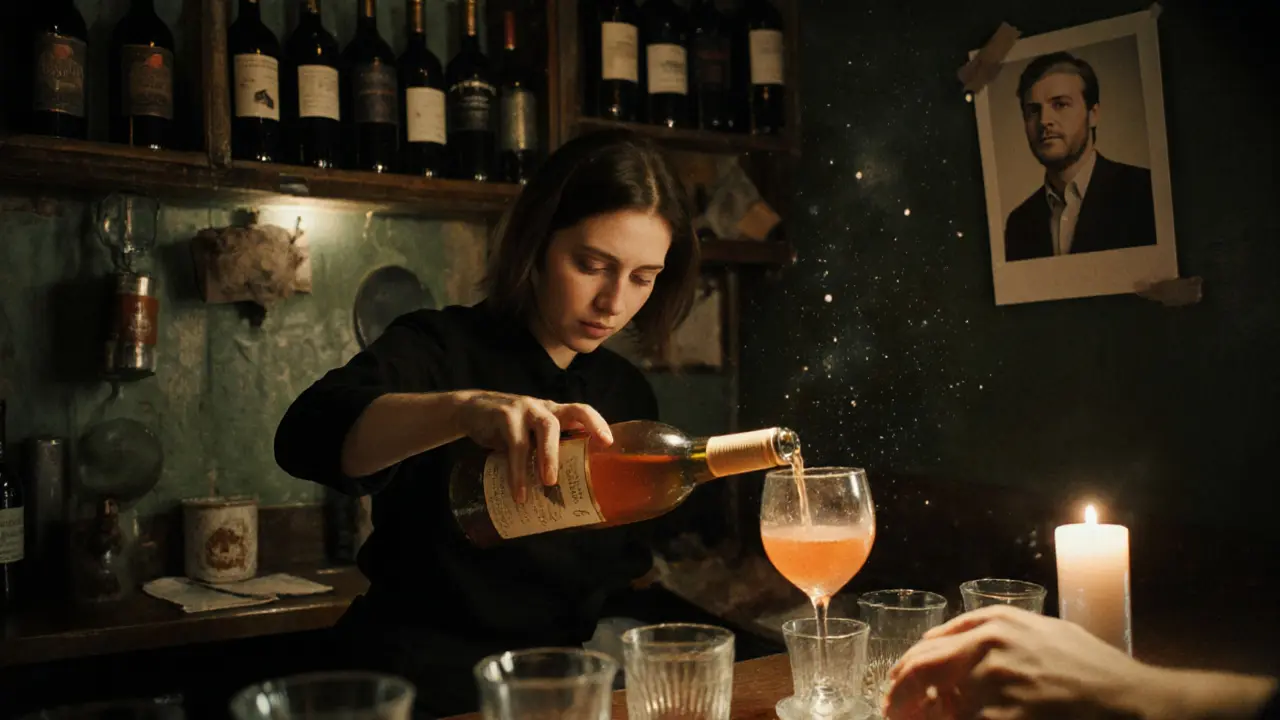 A quiet wine bar at night with unlabeled bottles and candlelight casting warm glow.