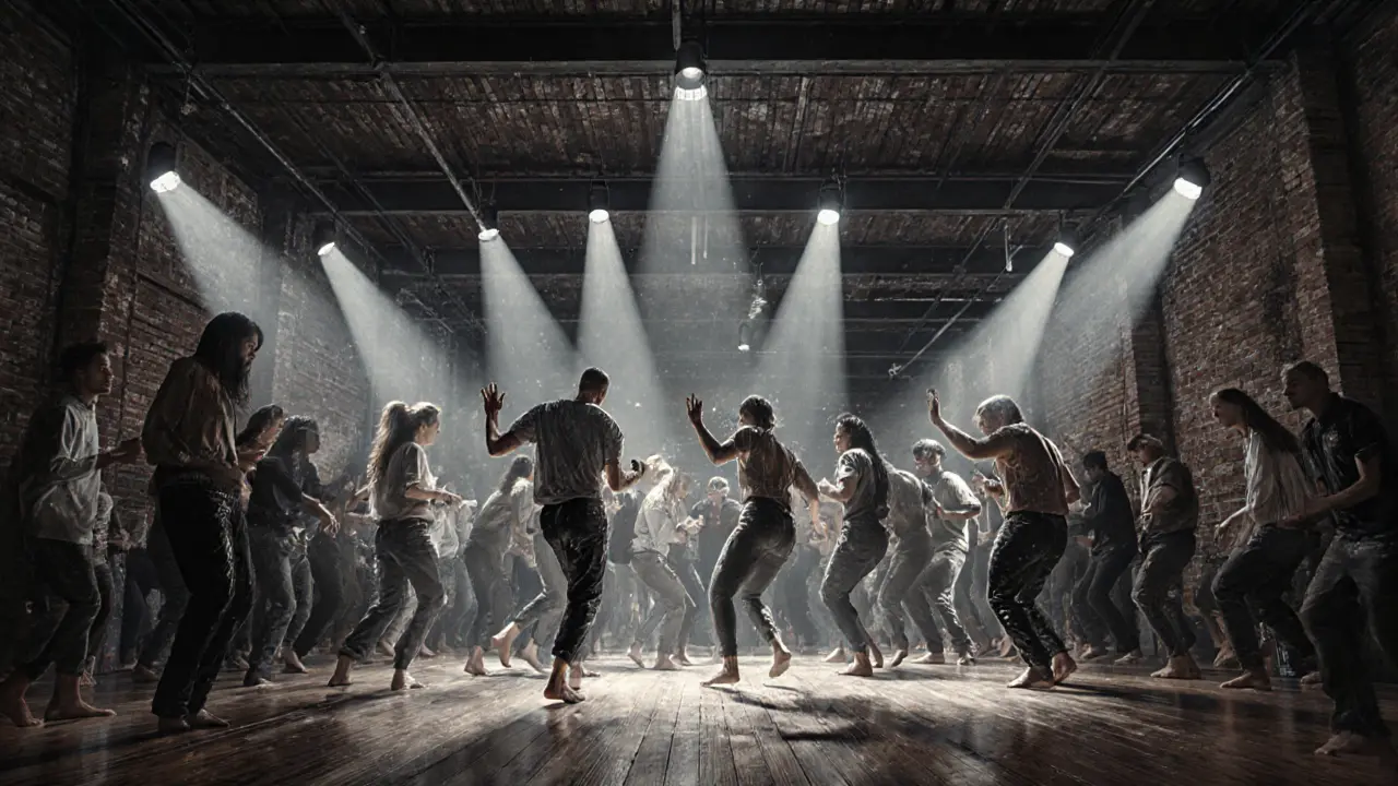 A raw underground techno club with dancers moving under strobe lights in an industrial space.