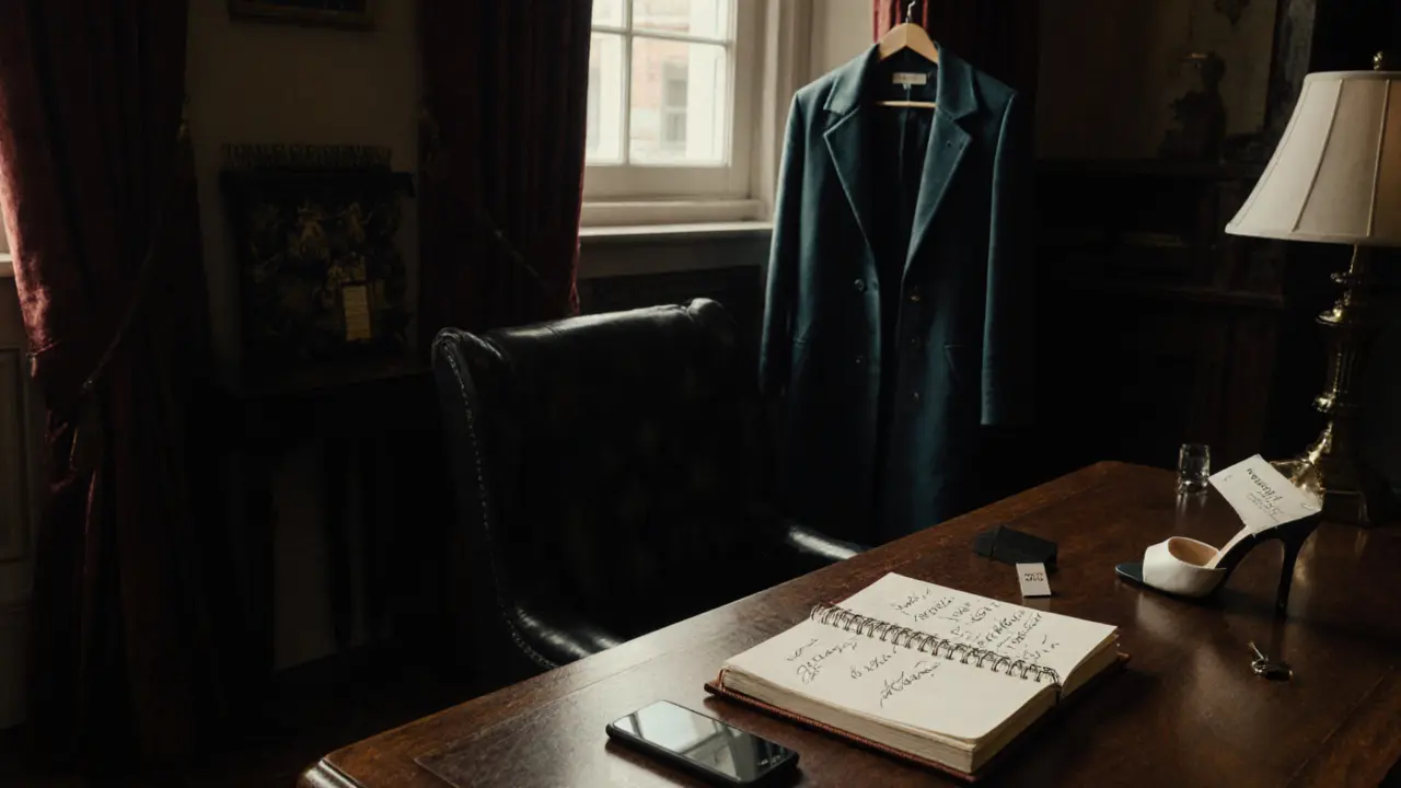 A refined study with encrypted devices and a handwritten notebook, symbolizing the private, professional world of elite companionship.