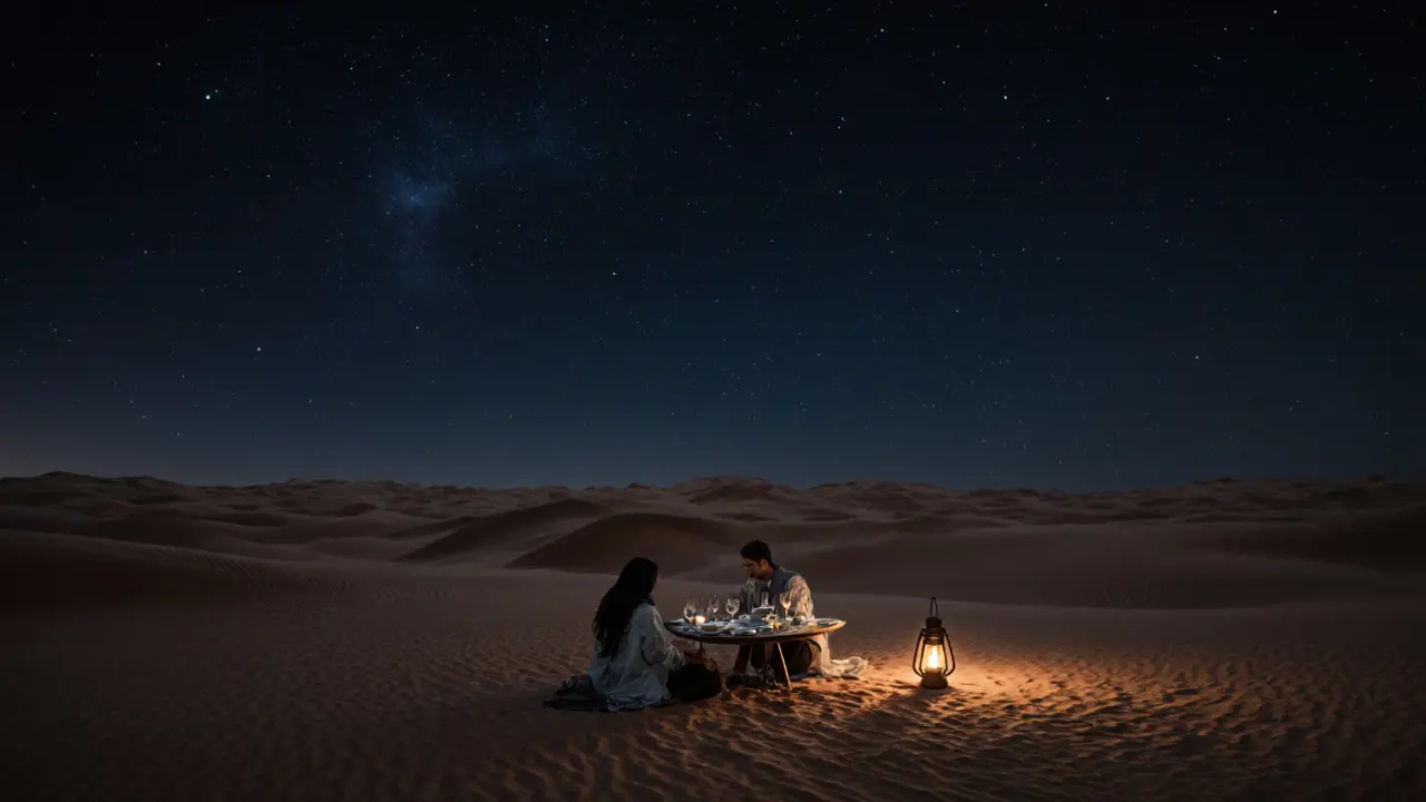 A romantic desert dinner under the stars with fine dining and ambient lantern light.