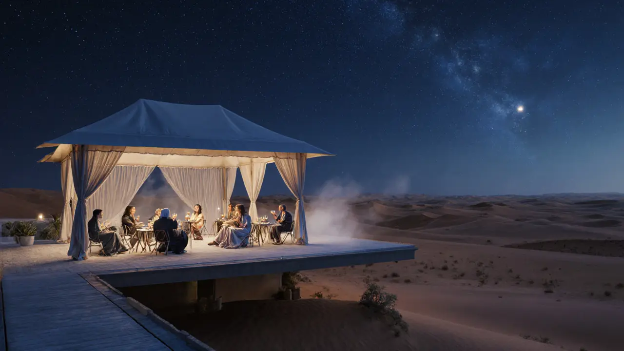 A serene desert rooftop under stars with guests in silk attire in Bedouin tents, sipping whiskey amid dunes.