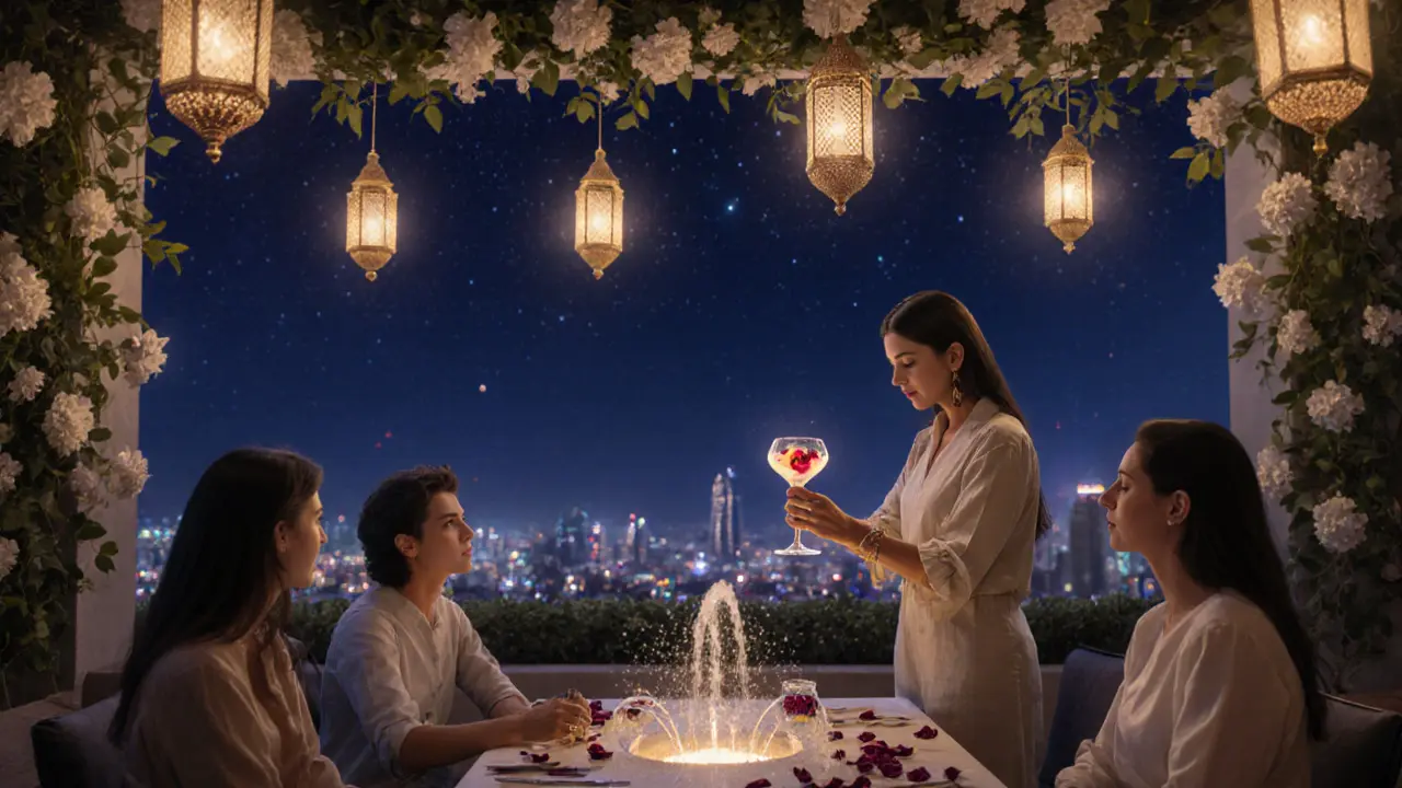 A serene hidden courtyard beneath a rooftop restaurant, lit by lanterns and jasmine vines, where a bartender serves a desert rose-shaped glass under the stars.