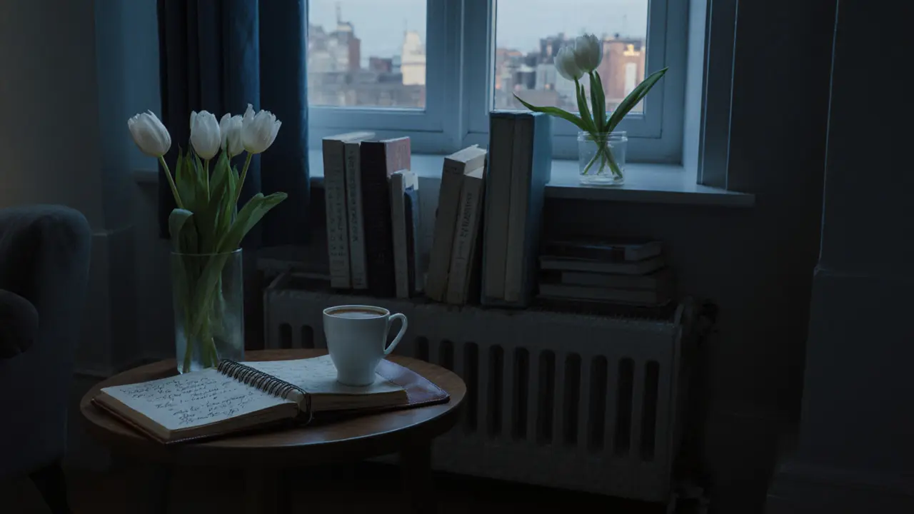 A shelf of books with handwritten notes in a serene Mayfair living room, symbolizing consistent, thoughtful connection.