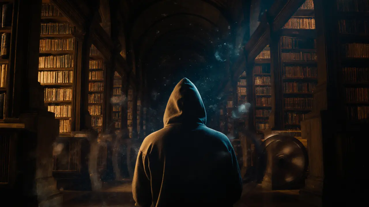 A silent film screening in a library reading room, books and shadows illuminated by projector light.