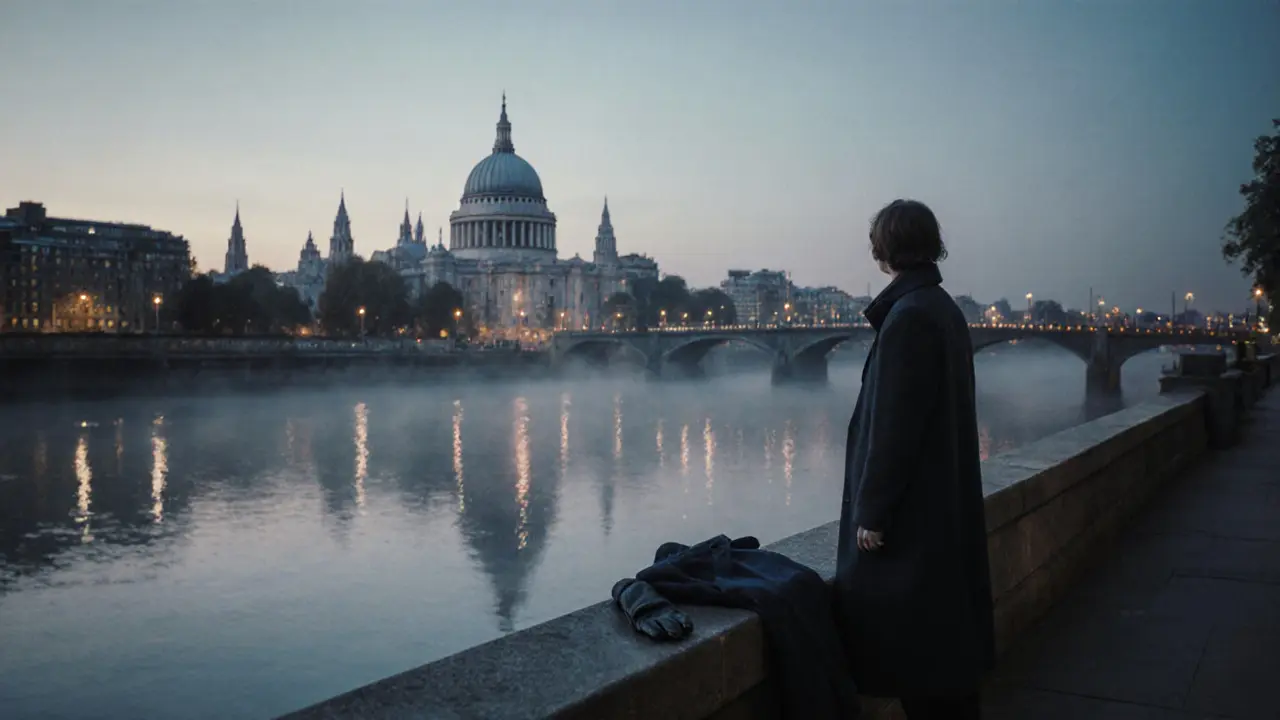 A solitary figure stands by the Thames at sunset, reflecting on quiet solitude.