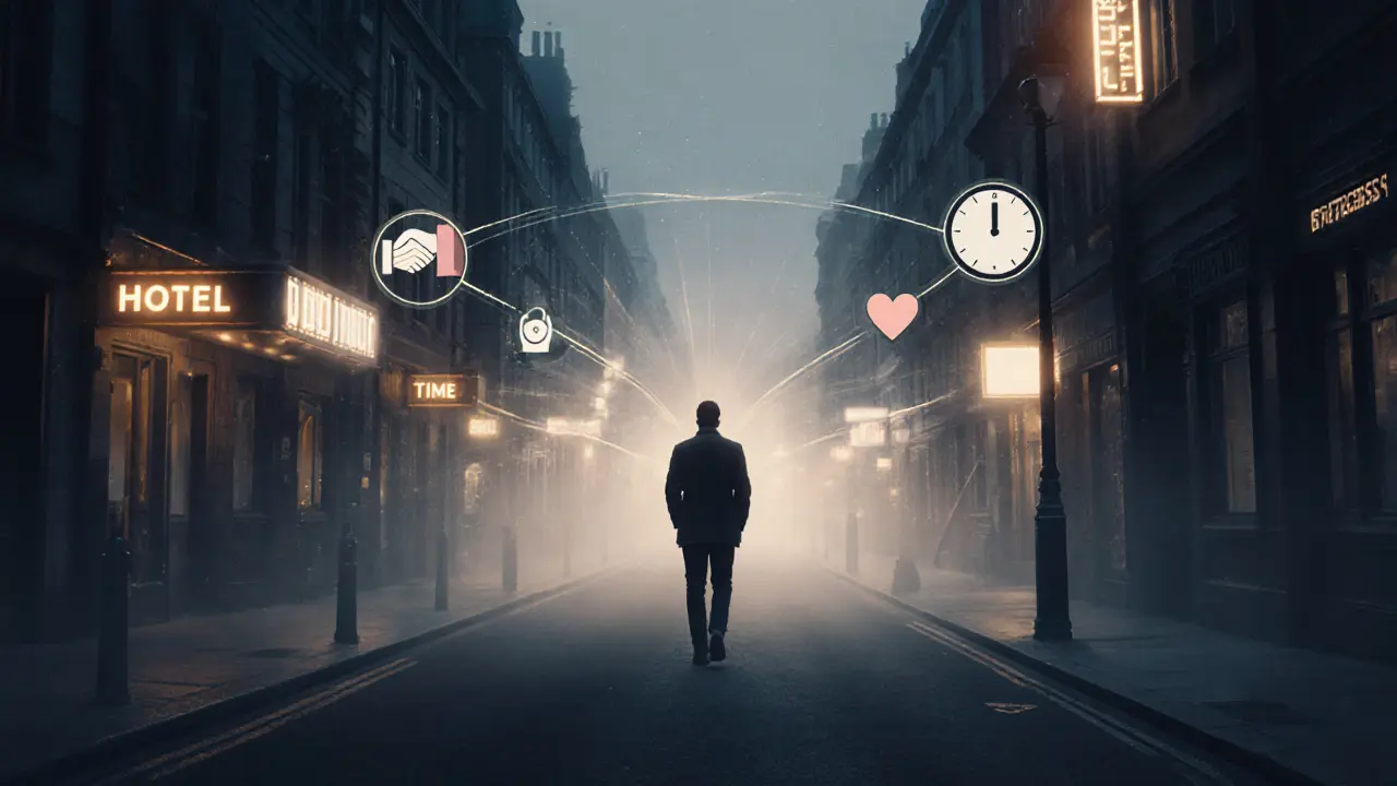 A solitary figure walks through foggy London streets with symbolic icons fading in mist.