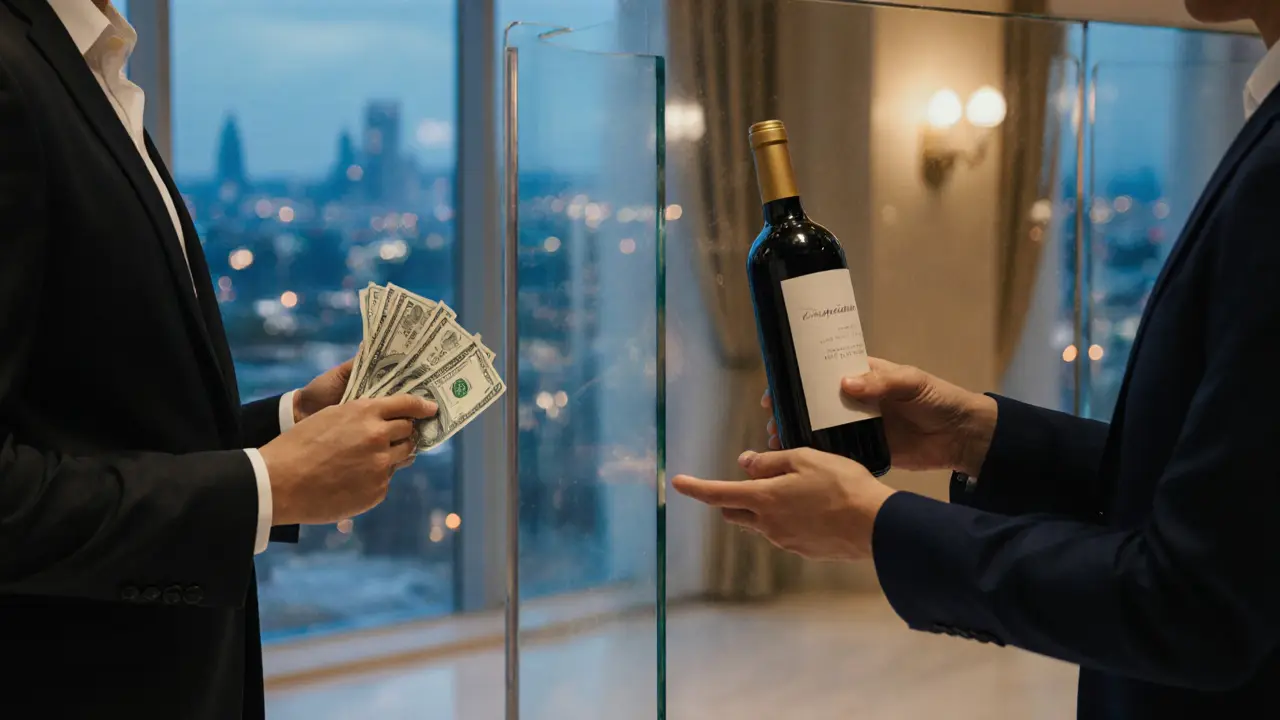 A symbolic scene of cash and a gift wine bottle separated by glass, representing ethical companionship.