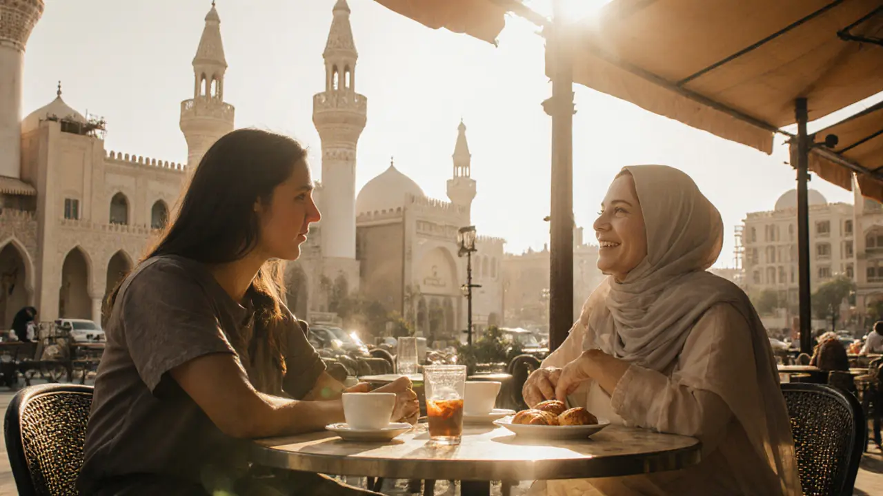 A tourist and a local woman enjoying coffee together at a traditional Dubai café, engaging in friendly conversation.