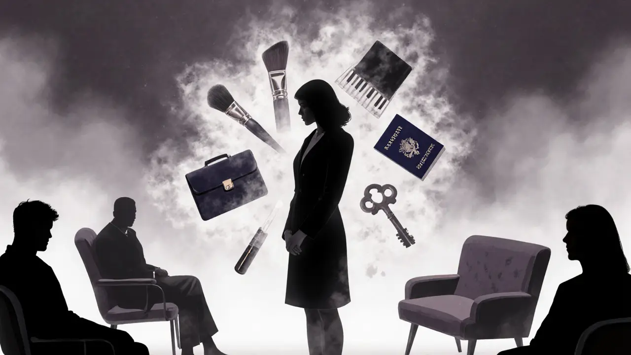 A woman&#039;s form is made of symbolic objects representing her many roles and hidden lives.