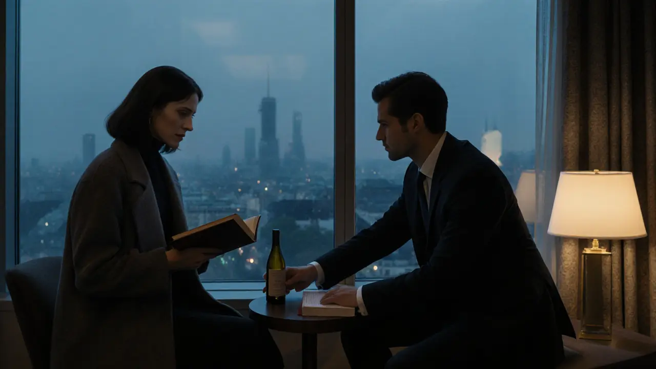 A woman and man exchange a subtle gesture of respect in a luxury hotel lobby, with a book and wine left as a quiet token.