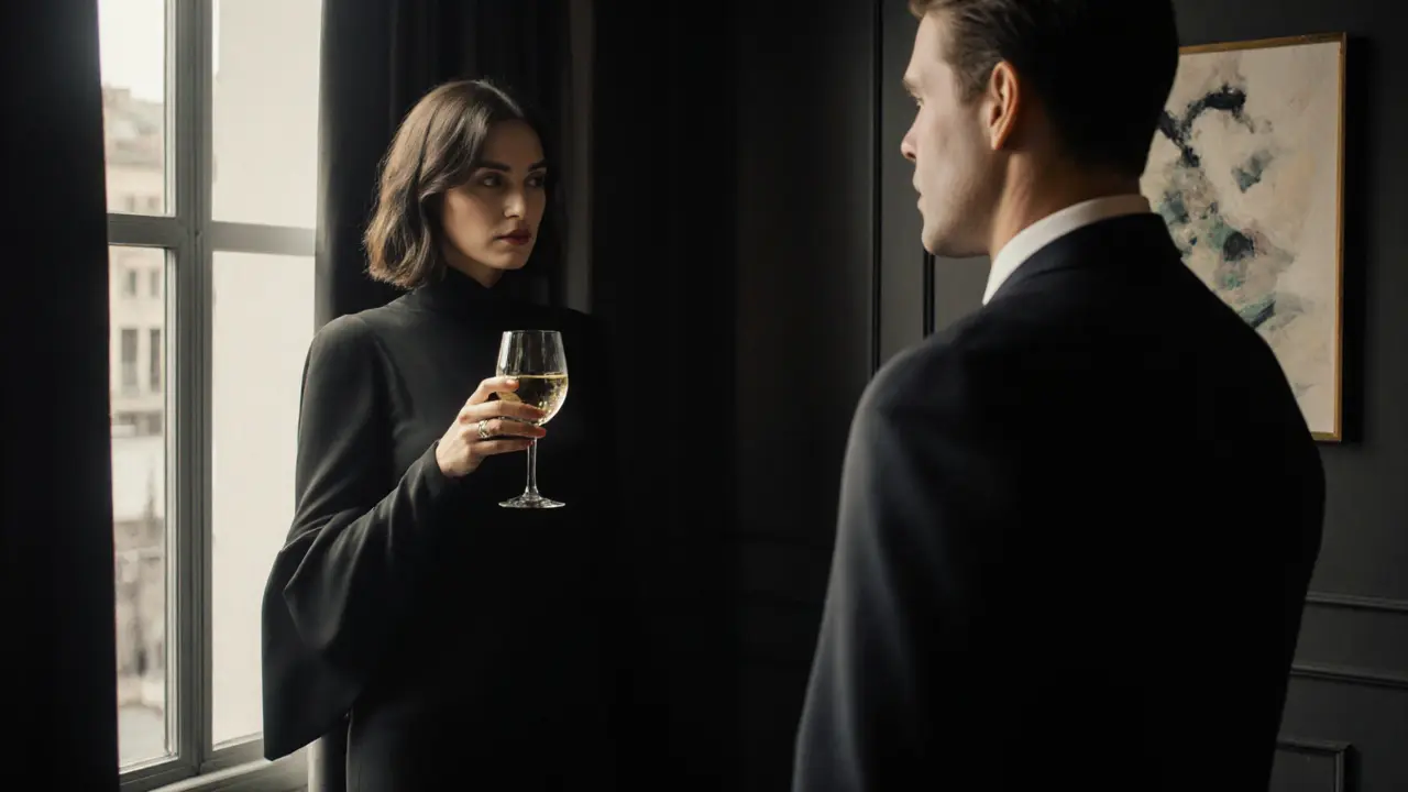 A woman in an evening gown conversing quietly with a man in a tuxedo inside a private members&#039; club, surrounded by art and low lighting.