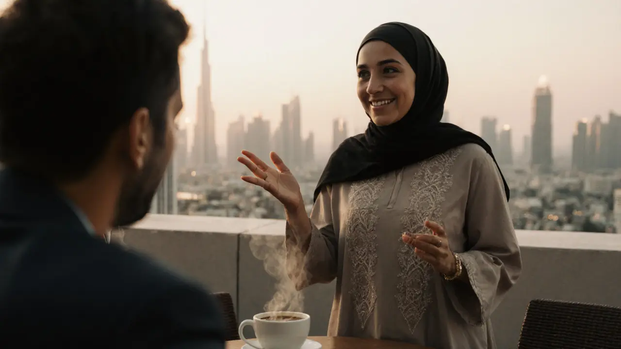 A woman sharing a story at a hidden rooftop café in Jumeirah while a client listens intently.