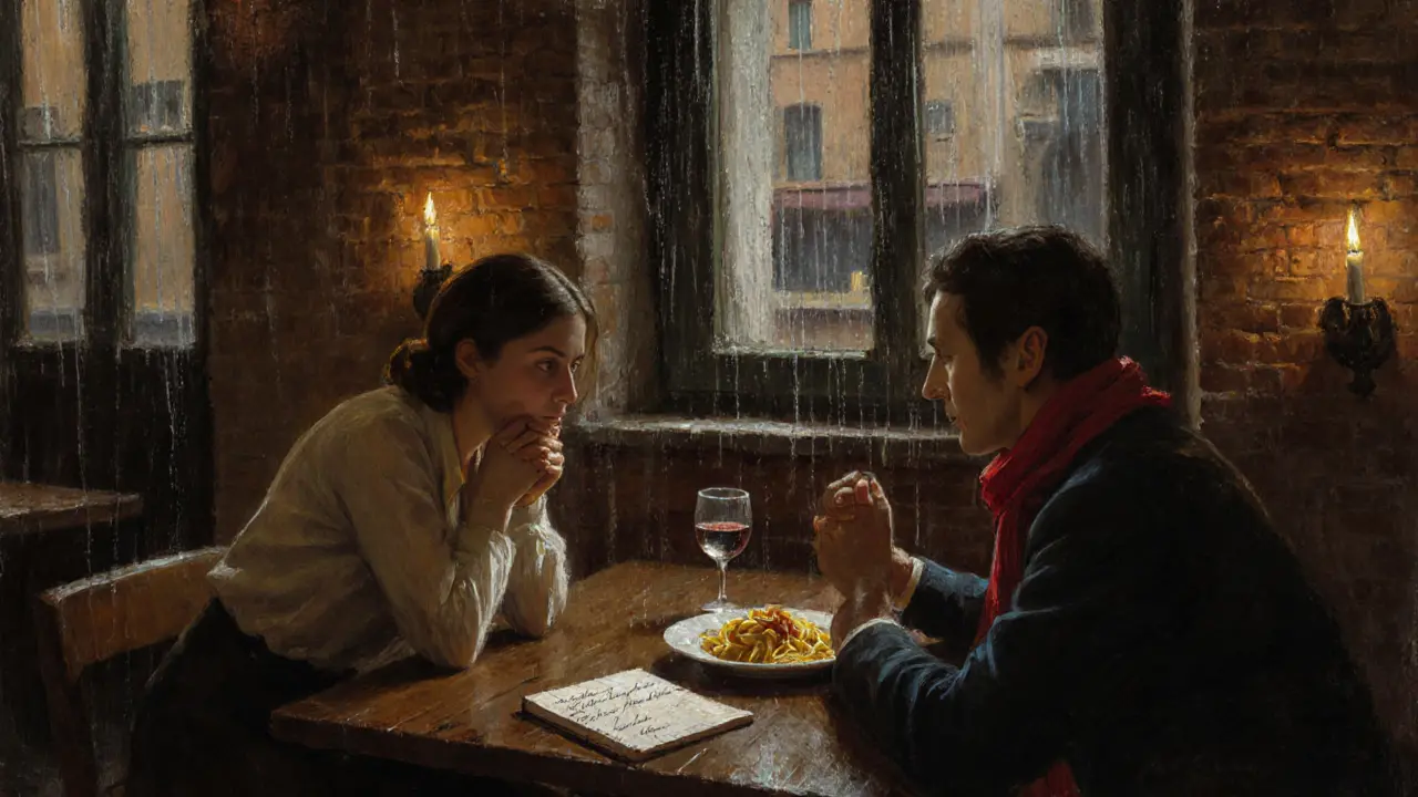 A woman speaks softly in a Navigli osteria as a man listens, candlelight glowing on wine and handwritten poetry.