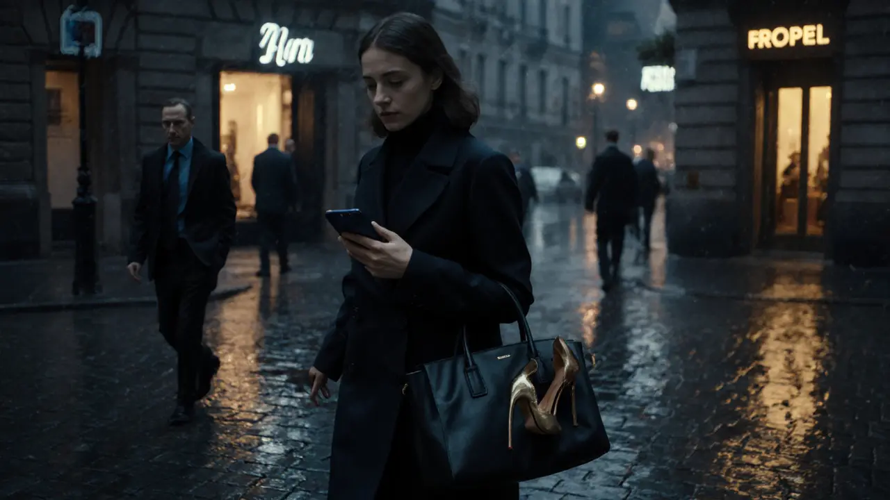 A woman walking alone at night in Mitte, carrying spare heels, surrounded by the discreet energy of the city.