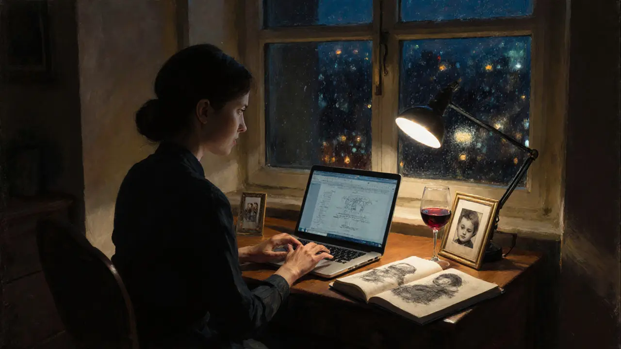 A woman works at her desk in a Berlin apartment, sketching and drinking wine under a soft lamp.