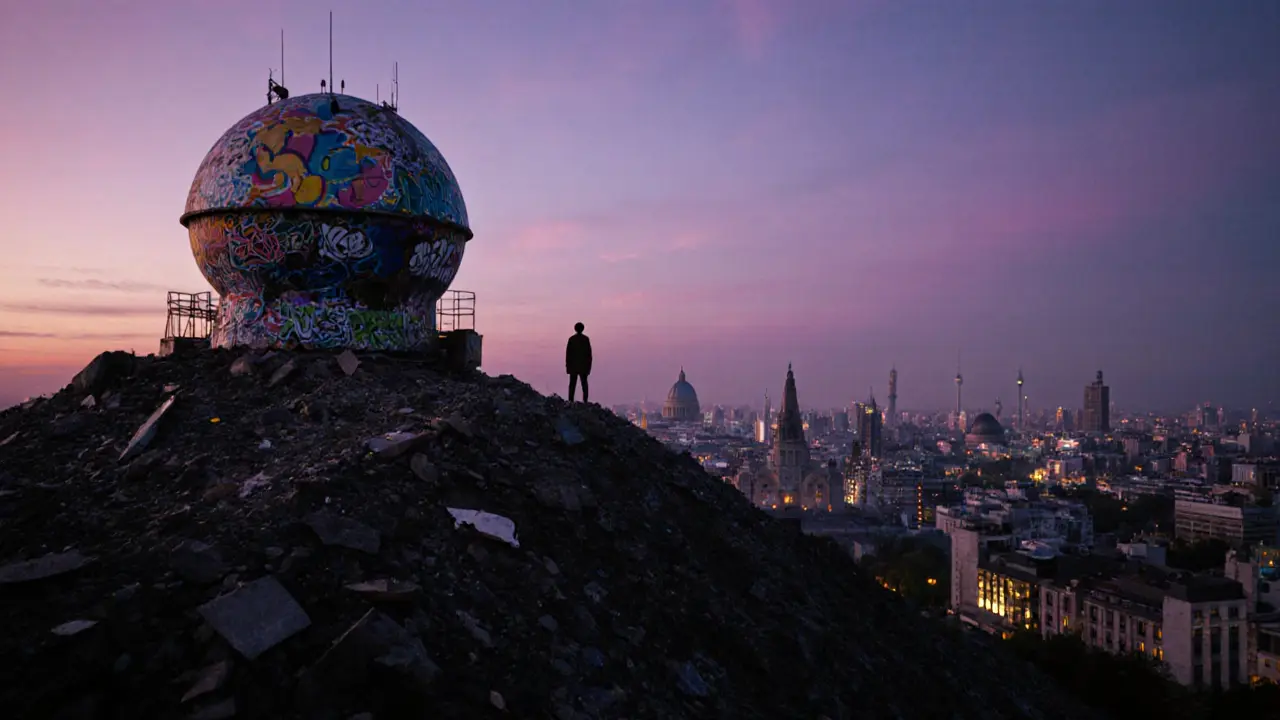 Abandoned Teufelsberg listening station at twilight, overlooking Berlin&#039;s silent skyline.