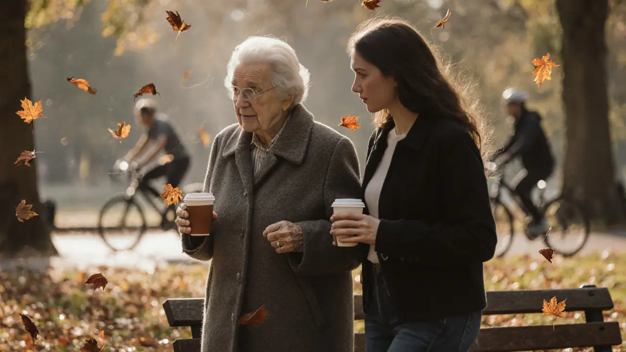 An elderly woman and companion walking peacefully through Hyde Park in autumn, holding tea.