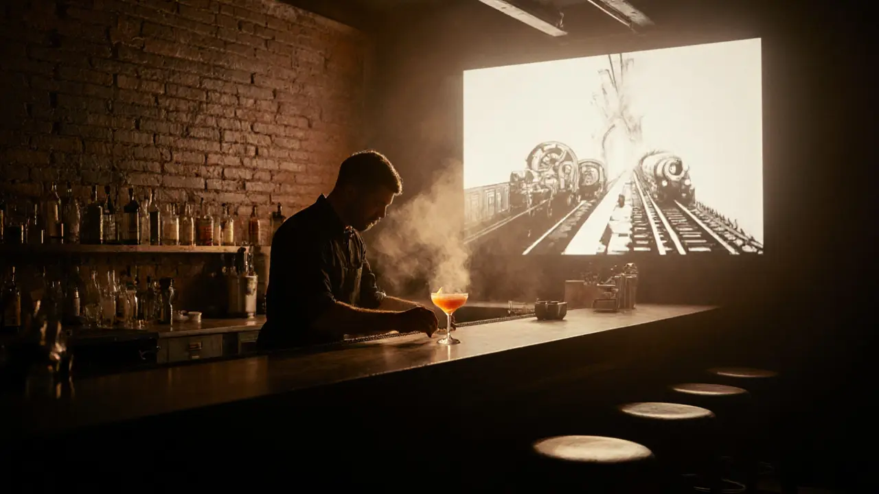 An empty bar where a silent film projects softly on a brick wall, no people visible.