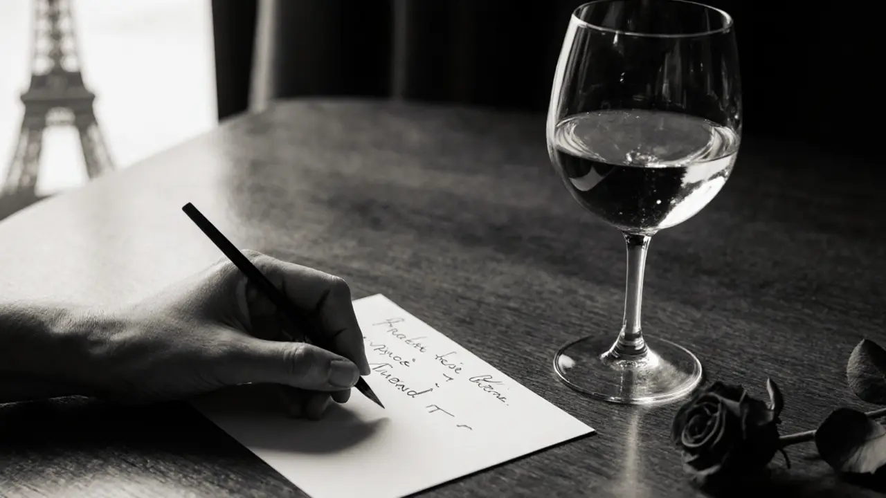 An empty table with a handwritten note, wine glass, and rose, reflecting the Eiffel Tower in the glass.
