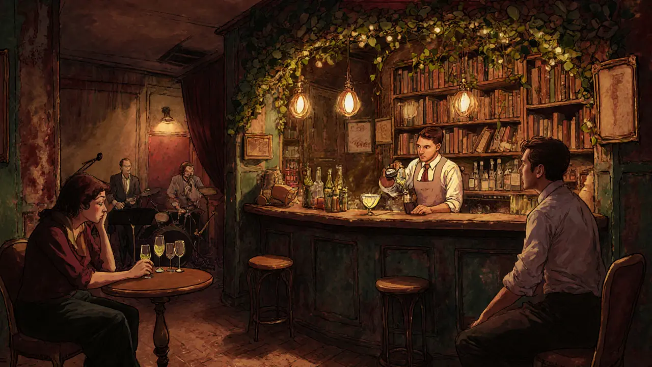 An intimate hidden bar with vintage furniture, hanging vines, and soft lighting where locals chat over wine in a cozy, book-filled space.