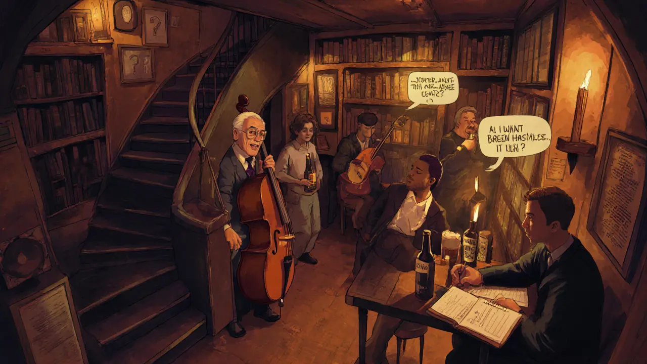 An underground club accessed through a bookshelf, with patrons enjoying live cello and craft beer in candlelight.