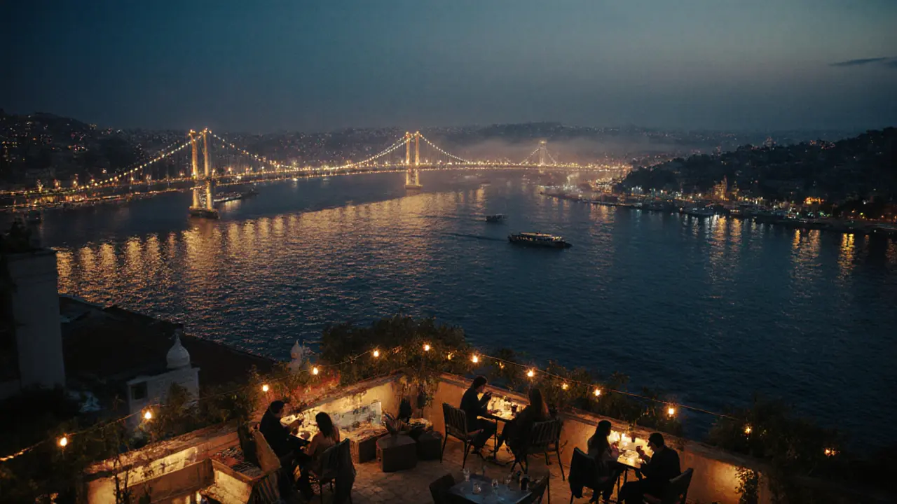 Bosphorus waterfront at midnight with glowing rooftop bars and boat lights reflecting on dark water.