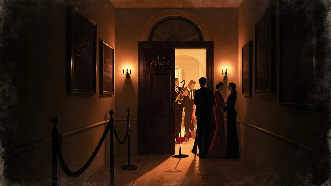 Candlelit hidden entrance to La Place club near Prince&#039;s Palace, velvet rope, soft golden light seeping from a door, no signs.