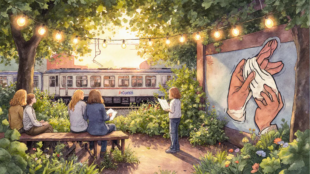 Community garden at golden hour with people listening to poetry under string lights.