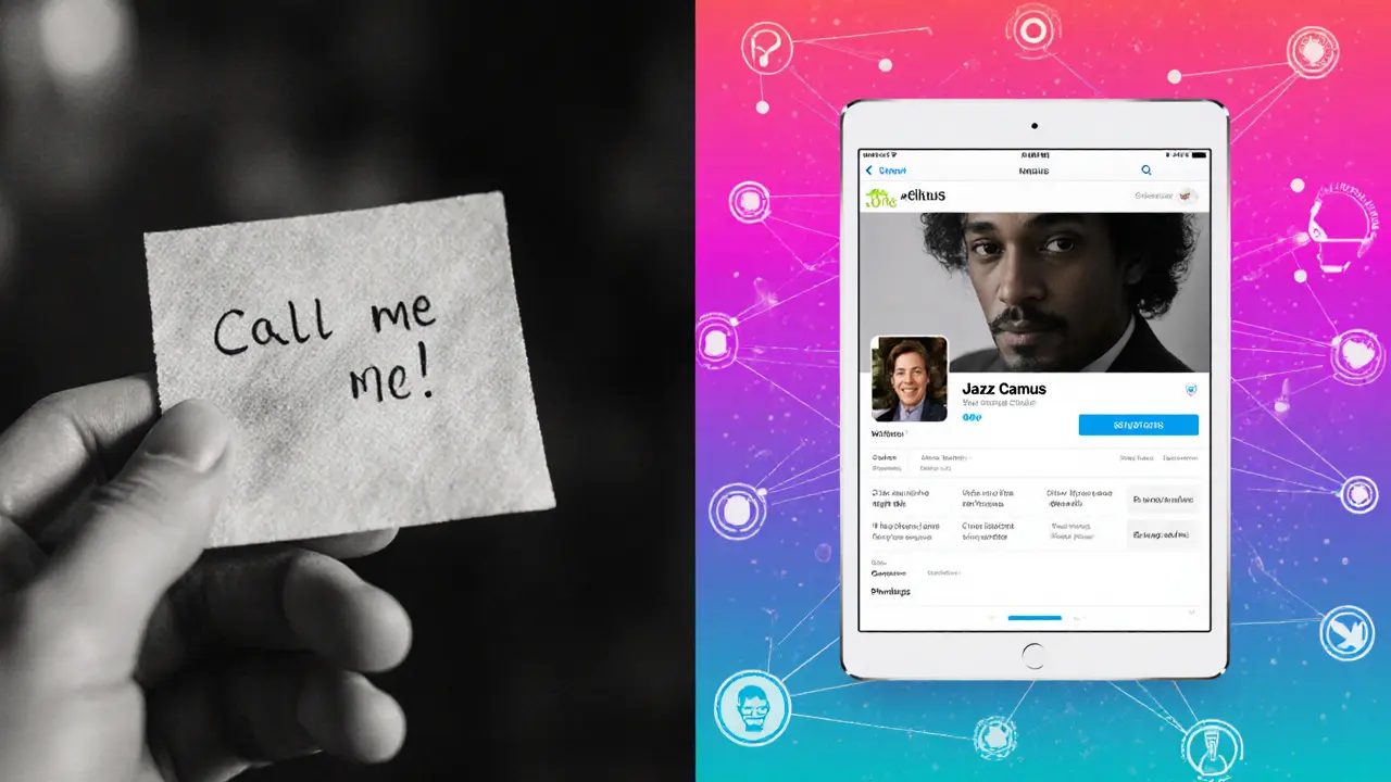 Contrast between old phone-based booking and modern AI-matched escort profile on a tablet.