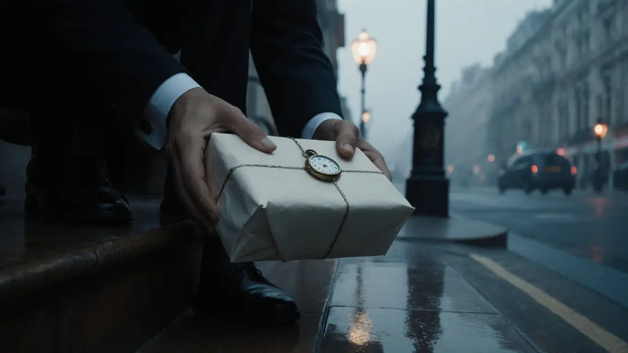 Courier leaving a discreet package on a Mayfair doorstep at dawn, no labels visible.