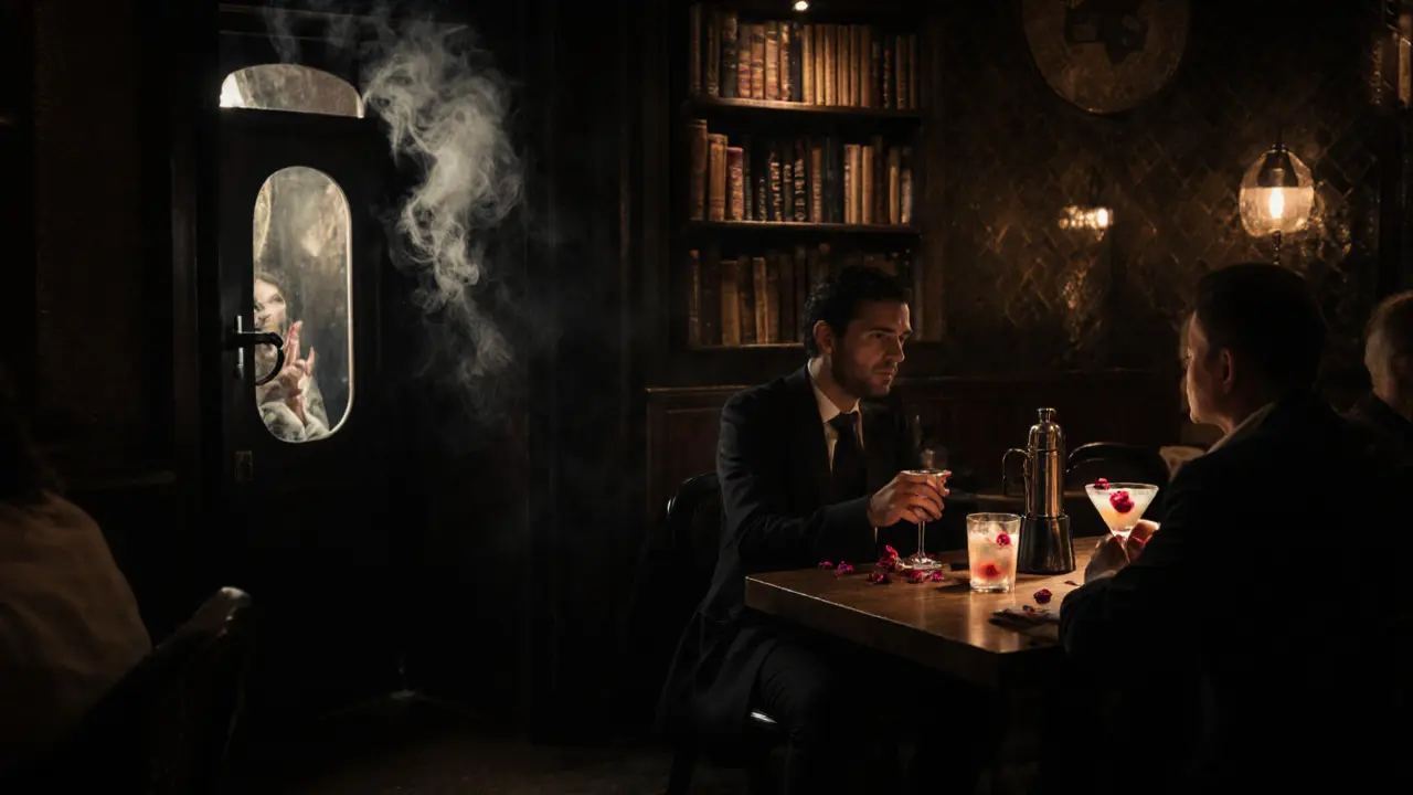 Cozy hidden speakeasy with dim lighting, patrons drinking cocktails with rose petals, walls full of books.