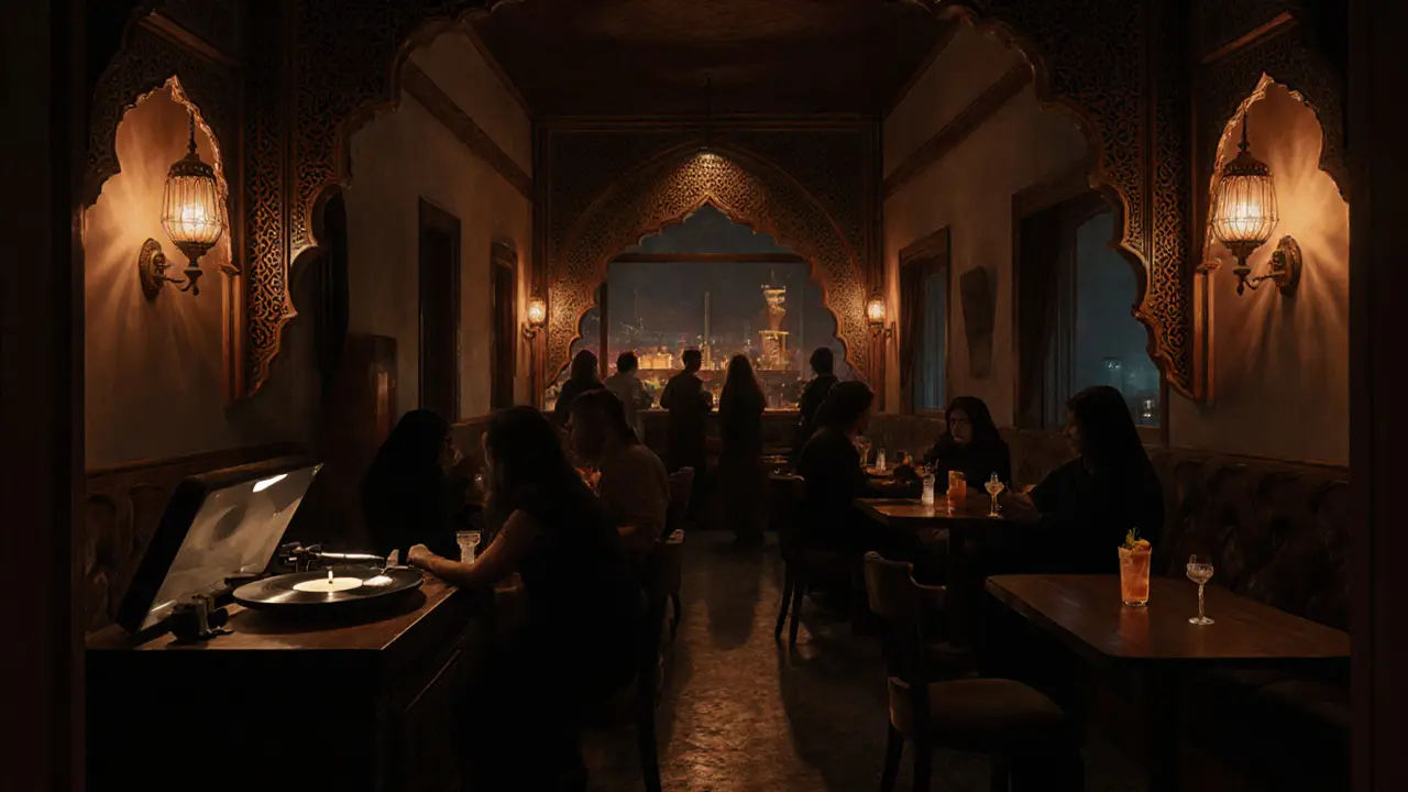 Cozy interior of The Loft bar in Al Seef with vinyl records, soft lighting, and guests sipping craft cocktails in quiet conversation.