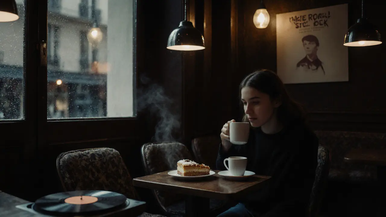 Cozy late-night café with a student drinking coffee as rain falls on the window.