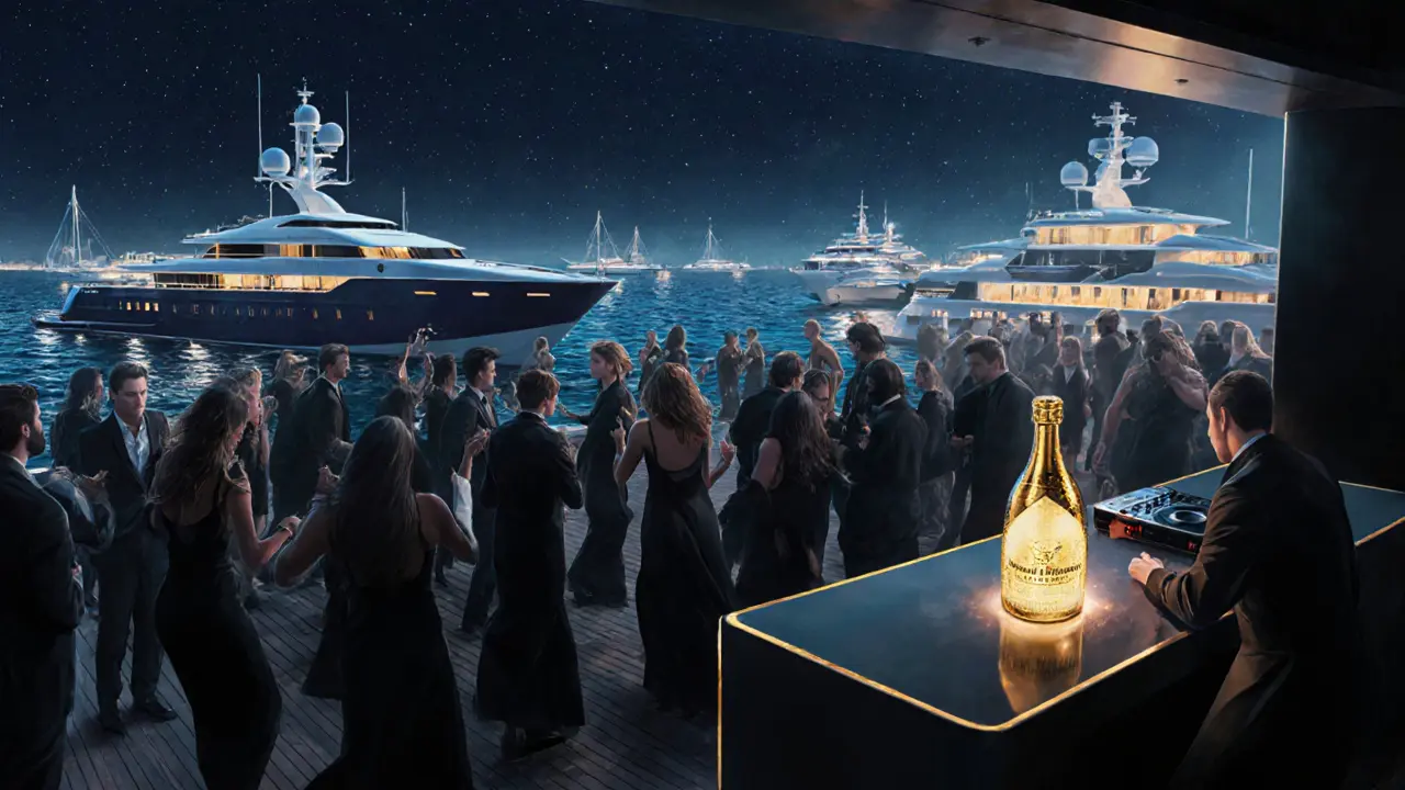 Crowd dancing under stars at Club 55 with superyachts in the background, dressed in sophisticated evening wear.