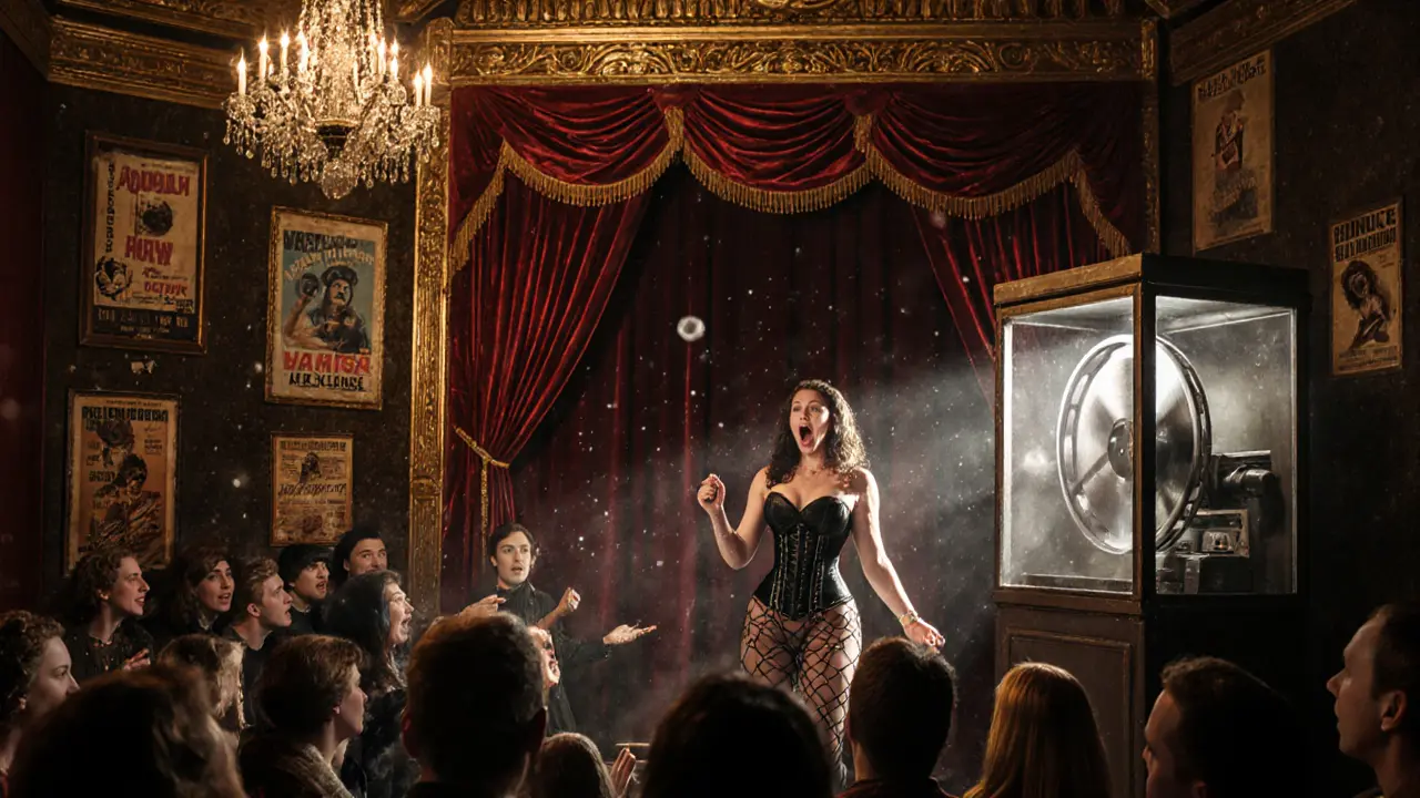 Crowd singing along during a live Rocky Horror show at The Prince Charles Cinema.