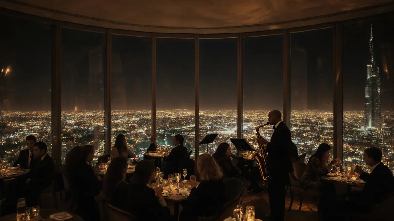 Elegant guests sipping champagne at a high-floor lounge with city skyline views, dim lighting, and live jazz.
