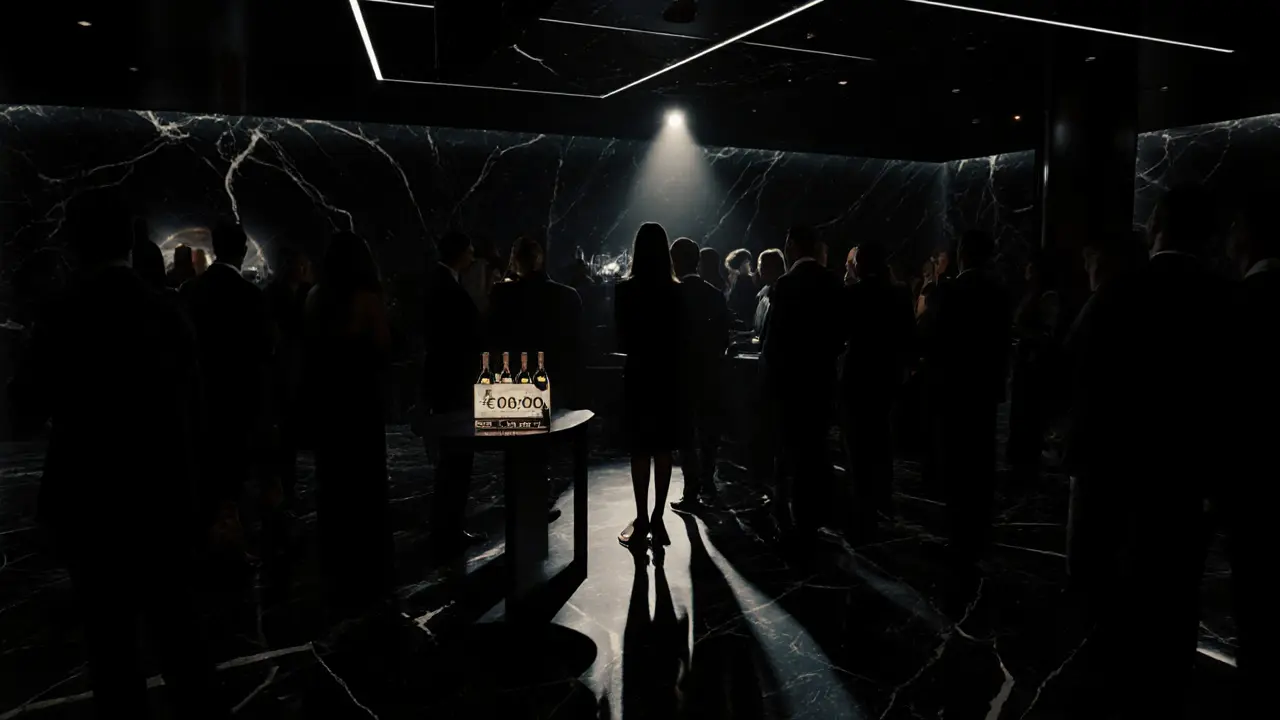 Exclusive nightclub interior with minimalist design and sophisticated crowd in low ambient light.